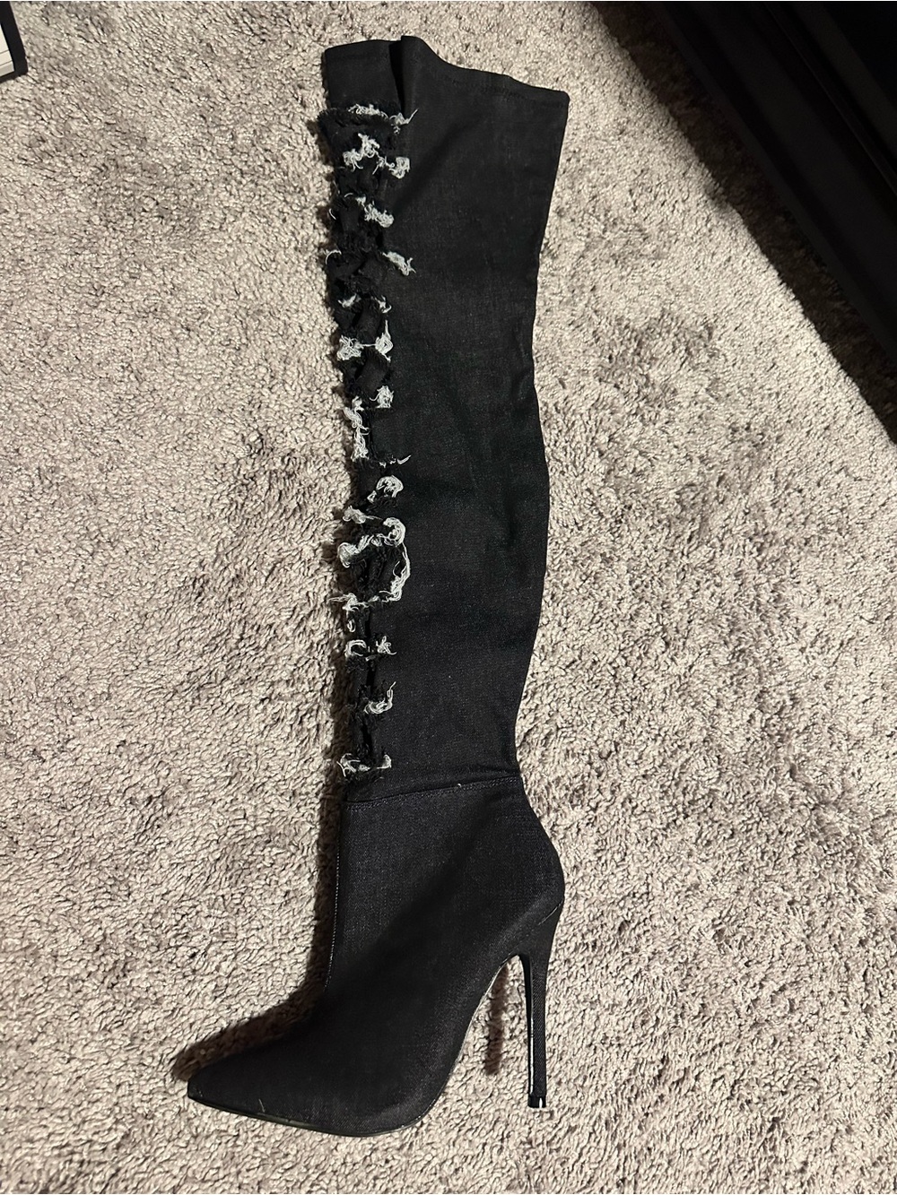 Chase + Chloe Black Over-the-Knee Stiletto Boot with Distressed Lace Trim